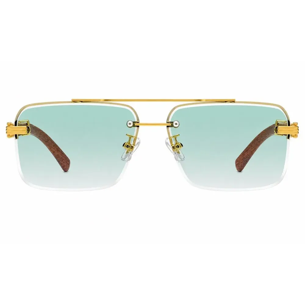 Designer Mens Gold & Faux Wood Brown Green Gradient Rectangle Sunglasses Fashion